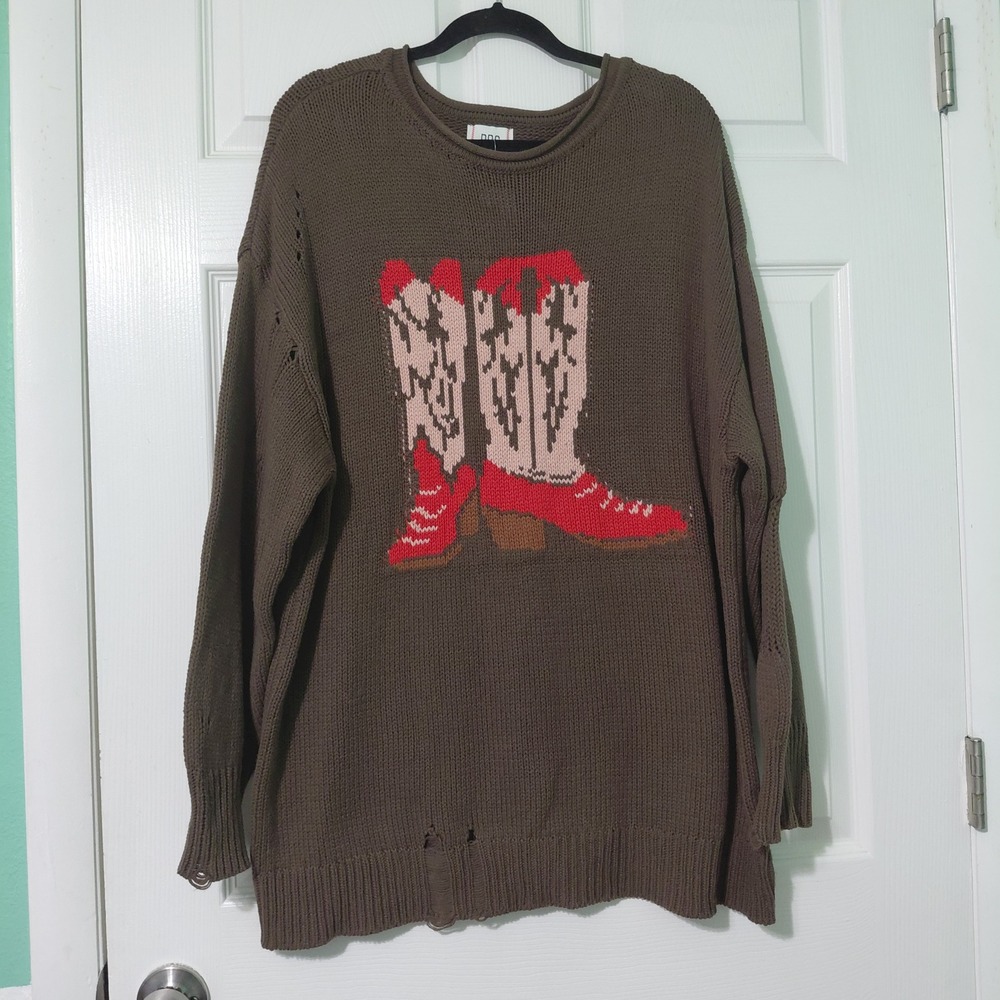 BDG Urban Outfitters Cowboy Boot Intarsia Distressed Sweater Brown Medium NWT